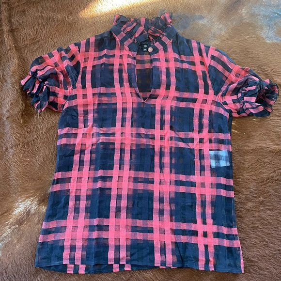 CHANEL (EU 34) SHEER BLOUSE PLAID GINGAM RUFFLE COLLAR - Picture 1 of 7